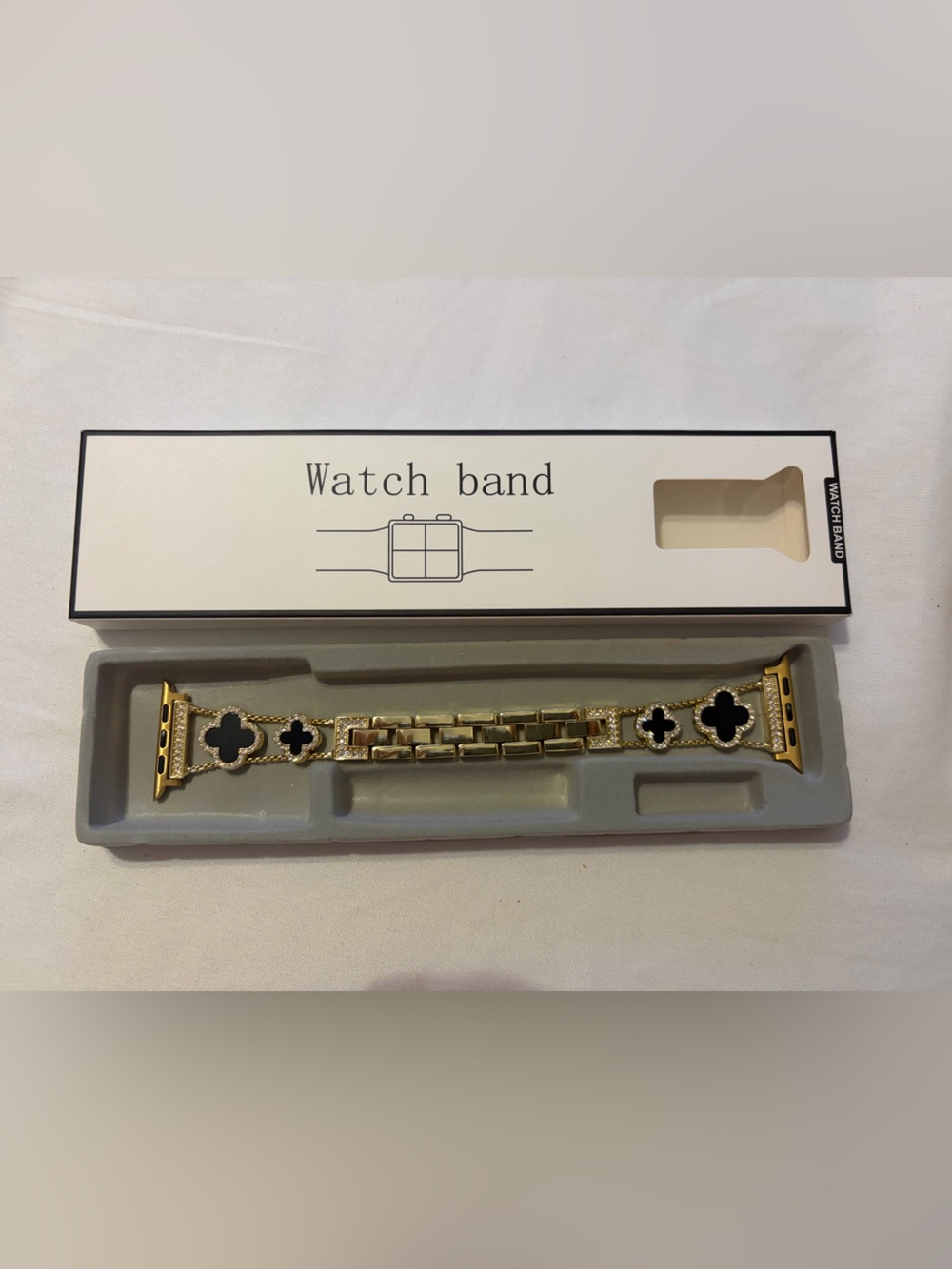 Fashion Gold Stainless Steel Apple Watch Band With Black Clover & Crystals